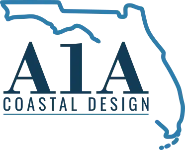 A1A Coastal Design logo in blue words with partial outline of the state of Florida